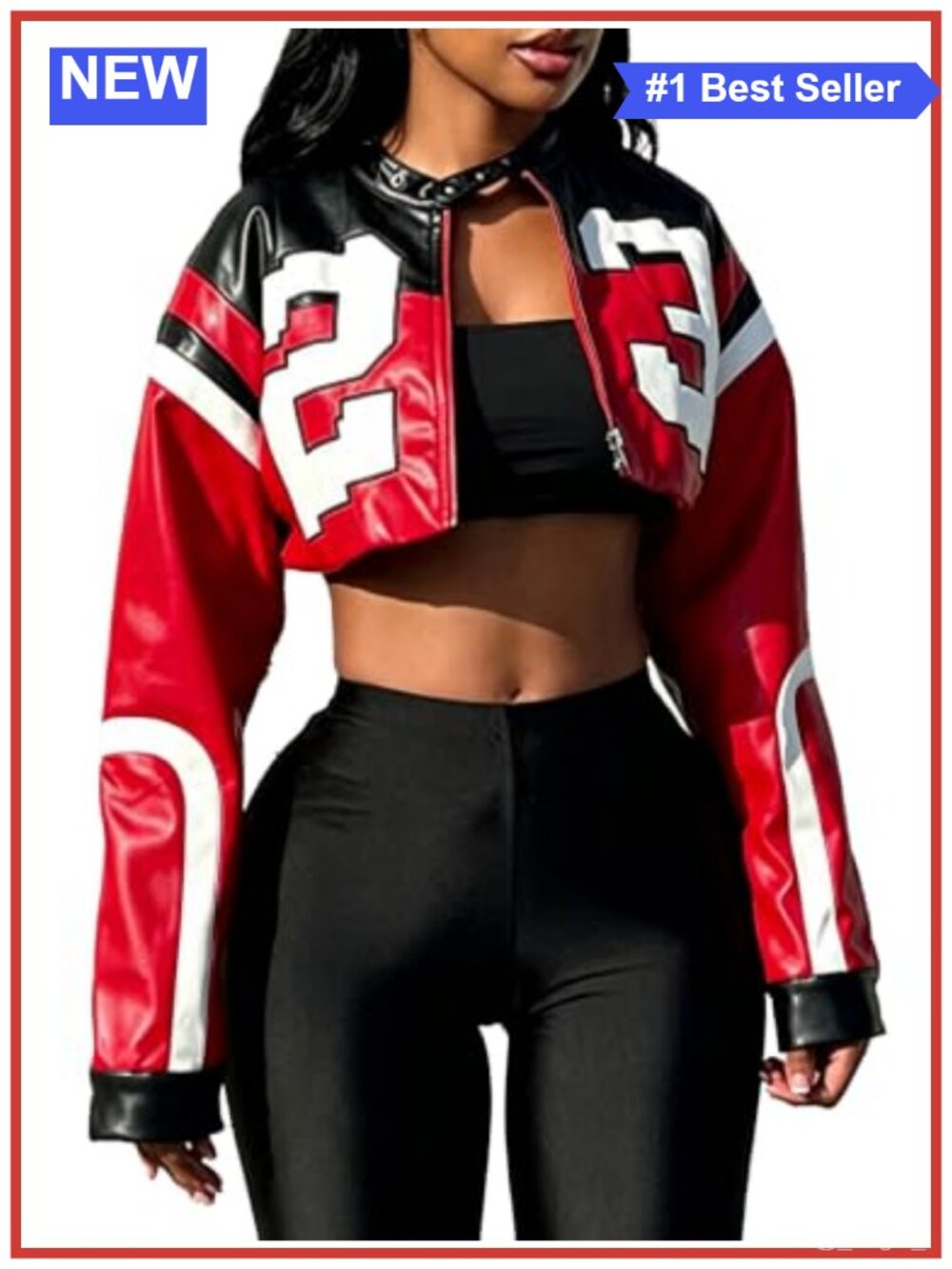 Faux Leather Cropped Moto Bomber Jacket Zip Long Sleeve Lined Streetwear